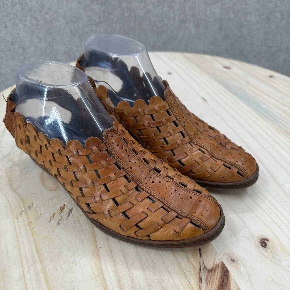 Rieker Woven Leather Slingback Sandals Shoes 7.5 Brown Antistress Scalloped Boho